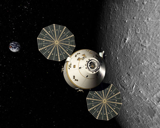 
Rendered image of an Orion spacecraft in lunar orbit