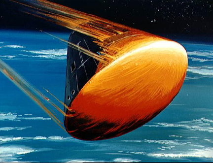 
Apollo Command Module flying at a high angle of attack for lifting entry, artistic rendition.
