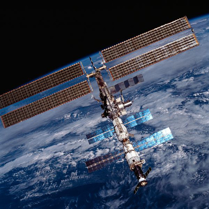 
The International Space Station as it appeared during its construction in orbit around the Earth on 2001-08-20