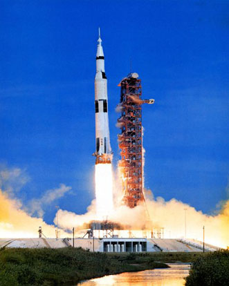 
A Saturn V launch vehicle sends Apollo 15 on its way to the moon.