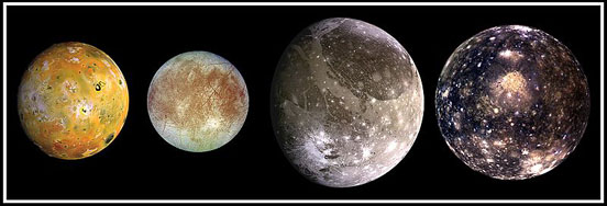 
The four largest moons of Jupiter photographed by Galileo