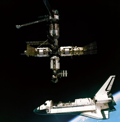 
A view of the Space Shuttle Atlantis departing the Mir.