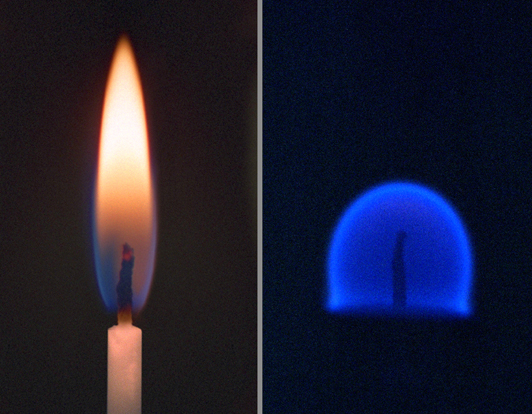 
A comparison between fire on Earth (left) and fire in a microgravity environment, such as that found on the ISS (right).