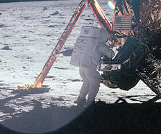 
Neil Armstrong works at the LM in one of the few photos taken of him from the lunar surface. NASA photo as 11-40-5886.