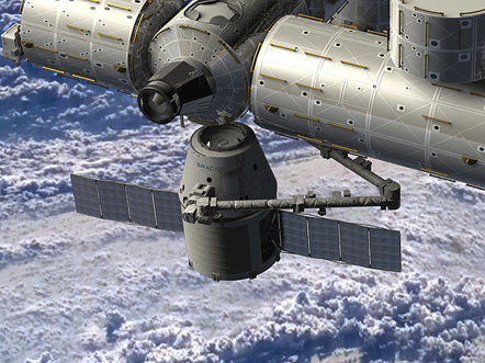 
Artist rendering of SpaceX Dragon spacecraft delivering cargo to the International Space Station.