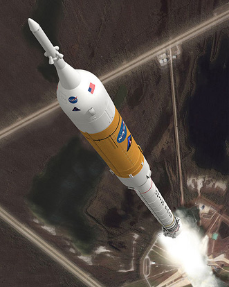 
The concept image shows the Ares I crew launch vehicle during ascent.