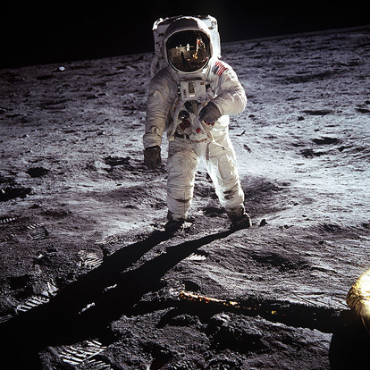 
Buzz Aldrin poses on the Moon allowing Neil Armstrong to photograph both of them using the visor's reflection