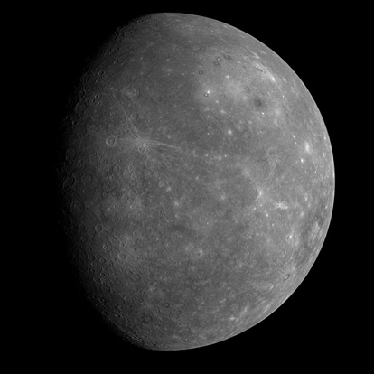 
MESSENGER's first image of the side of Mercury which was never seen by Mariner 10, from a distance of about 17,000 miles (27,000 km)