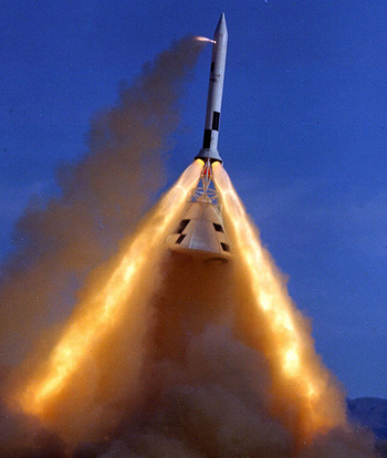 
Pad Abort Test, showing pitch motor and launch escape motor in operation (NASA)