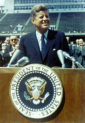 
President John F. Kennedy delivers a speech at Rice University on the subject of the American space program, September 12, 1962.