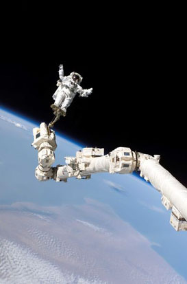 
Stephen Robinson riding the robotic arm during STS-114.