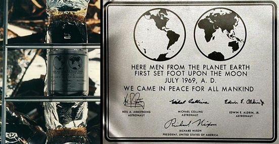 
The historical plaque on the ladder of Apollo 11's lunar module 