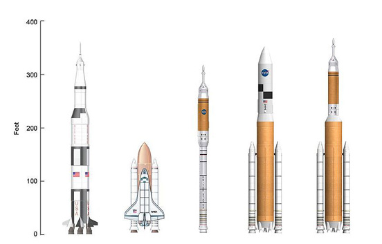 
A Saturn V, Space Shuttle, and three Ares rockets