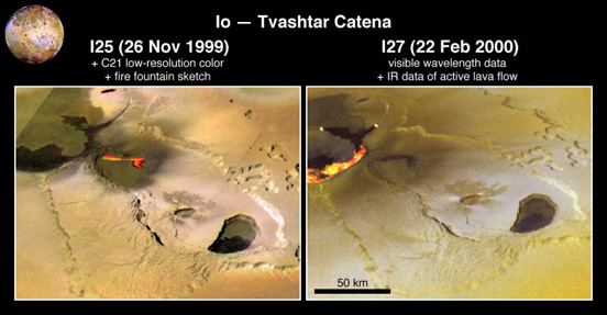 
Galileo captures a dynamic eruption at Tvashtar Catena, a chain of volcanic bowls on Jupiter's moon Io