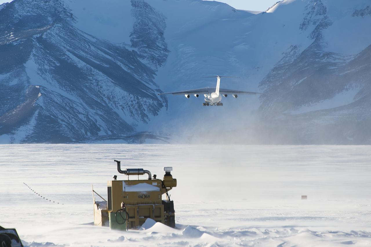 Ilyushin Il-76 of Air Almaty taking off from the Union Glacier Blue-Ice Runway in Antarctica. Photo by Christopher Michel.