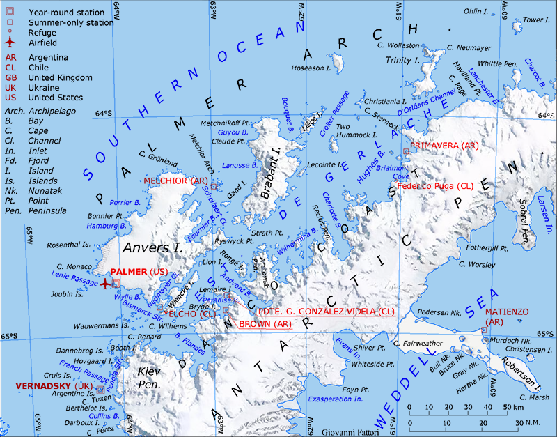 Map of Palmer Archipelago region, Cartographic base: Antarctic Digital Database. Giovanni Fattori. CC BY-SA 4.0.