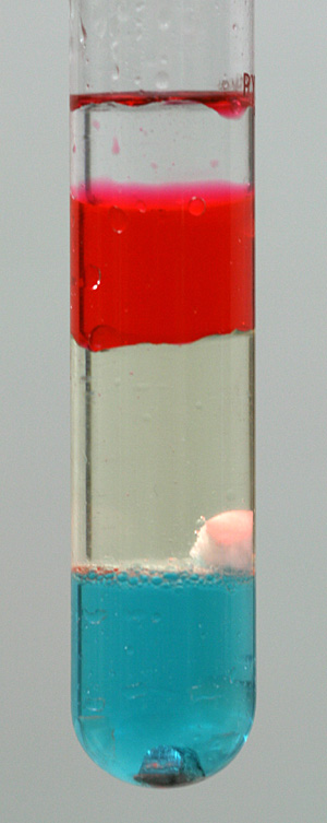 Density column of liquids & solids: baby oil, alcohol (with red food coloring), vegetable oil, wax, water (with blue food coloring), & aluminum.