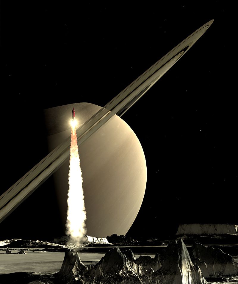Artistic image of a rocket lifting from a Saturn moon