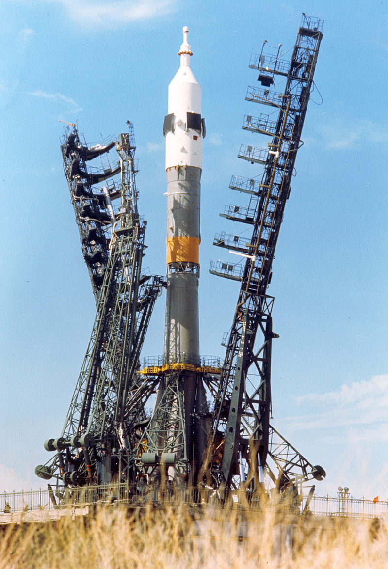 Soyuz rocket on launch pad.