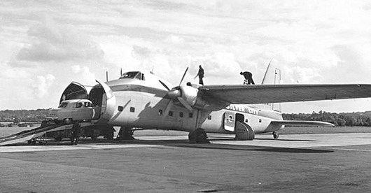Bristol 170 Freighter 32 of Silver City Airways loading a car at Southampton in 1954