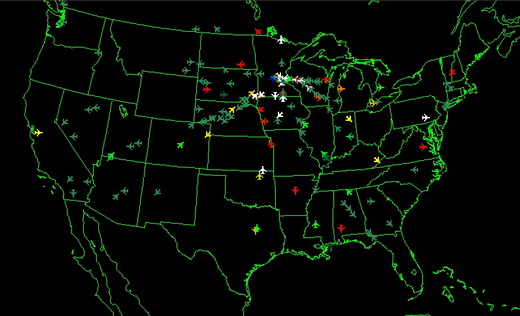All inbound and outbound traffic for Minneapolis/St. Paul (MSP) airport on a weekday at 12:52 PM CDT from Animated Atlas: Flight Traffic over North America