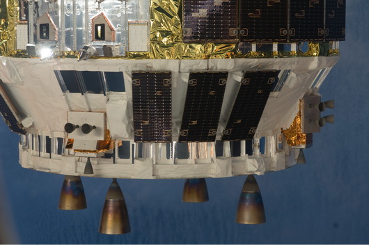 The four main thrusters. Smaller attitude control thrusters can be seen at the right side of this view of HTV-1.