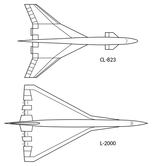 The CL-823 used a cranked-arrow wing and buried engines, the L-2000 had a compound delta and podded engines, and was larger overall.