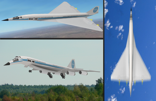 Artist's concept of an L-2000 in Pan Am livery at altitude in full afterburner (top), and with landing gear extended