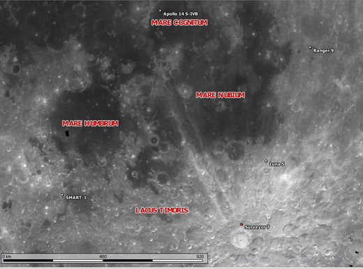 Location of the Smart 1 impact, in relation to other moon objects. 