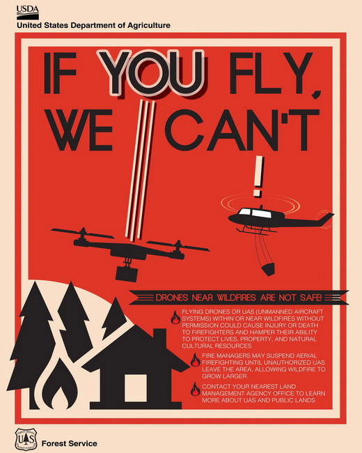 US Department of Agriculture poster warning about the risks of flying UAVs near wildfires