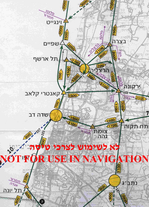 Section of CVFR flight routes map of Tel Aviv (Israel) area. Flight altitude in each direction is notated in yellow arrow-box. Compulsory reporting points are marked with triangles and airports are marked by yellow circles.