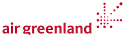 The Air Greenland workmark and starburst trademark in red on a white background