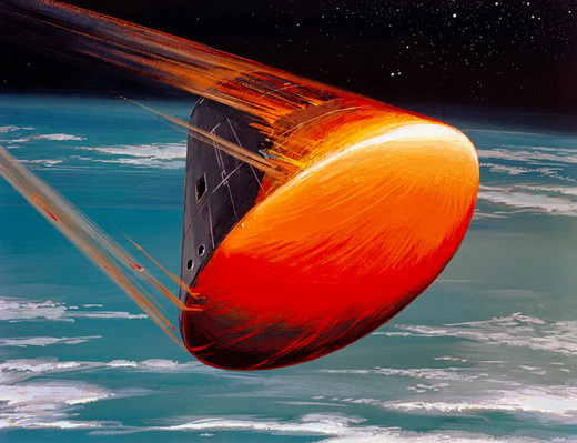 Apollo command module flying at a high angle of attack to aerobrake by skimming the atmosphere (artistic rendition)