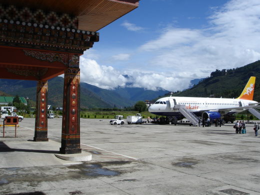 Drukair Airbus A319-115 parked at the airport terminal at Paro Airport in 2006.