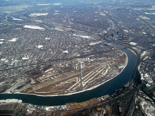 
Aerial photo of St. Paul Downtown Airport, with downtown St. Paul to the upper right, Mississippi River and MSP to the top left