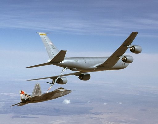 
A KC-135R Stratotanker from the 22nd Air Refueling Wing refuels an F-22A Raptor from Edwards AFB, California
