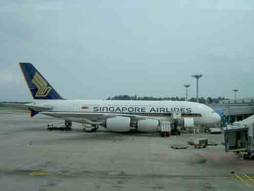
The first commercially used A380, Singapore Airlines 9V-SKA, parked at Terminal 2