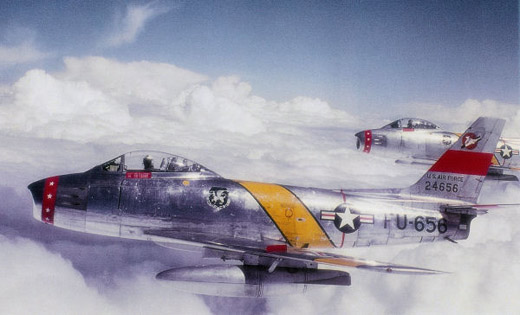 
North American F-86F-30-NA Sabres of the 50th FBW/417th FBS flying over West Germany. Serial 52-4656 is in front.