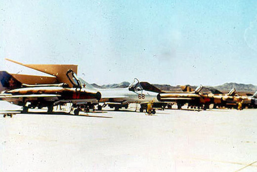 
4417th TES Flightline at Tonopah, about 1984 5 various MiGs on the ramp.