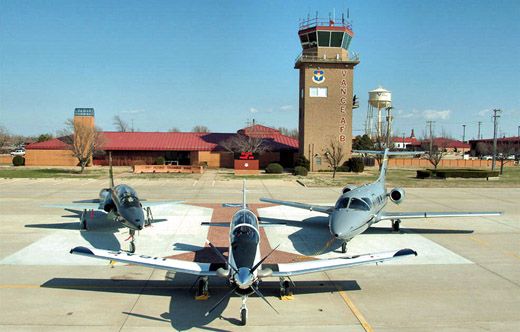 
Aircraft of the 71st Flying Training Wing. From left: A T-38 Talon, T-6A Texan II, and a T-1 Jayhawk are posed in front of the base control tower on the Vance flightline.