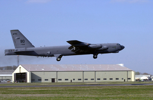 
Boeing B-52H-165-BW Stratofortress AF Serial No. 61-0008 of the 93rd Bomb Squadron (AFRC) takes off on a unique mission with new equipment, April 7, 2003. The mission they are preparing for will be the first 