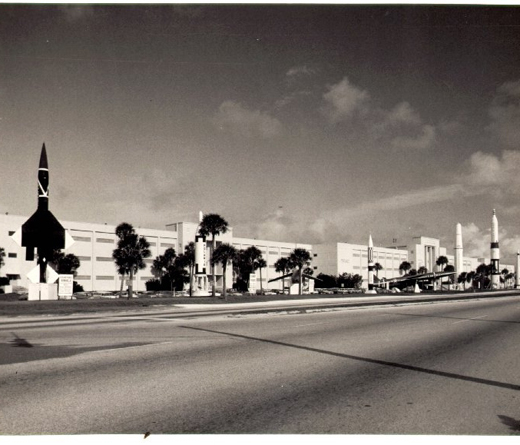 
Rocket and missile display in front of the Air Force Technical Applications Center, Patrick AFB, Florida, circa 1970. These static displays have since been relocated to the AF Space & Missile Museum at Cape Canaveral AFS.