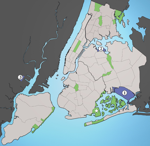 
The three major airports serving New York City:
 1) JFK International (JFK)
 2) LaGuardia (LGA)
 3) Newark Liberty International (EWR)
 ☆ Floyd Bennett Field (1931–72)