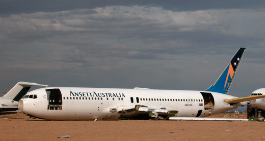
A retired Boeing 767-200 that flew for Ansett Australia being cut open for scrap at Mojave Airport