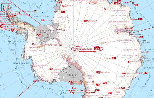 
A map of Antarctica showing the location of the Amundsen-Scott South Pole Station (circled). Image by Teetaweepo; adapted by H Debussy-Jones (talk) 08:53, 14 November 2009. CC BY-SA 3.0.
