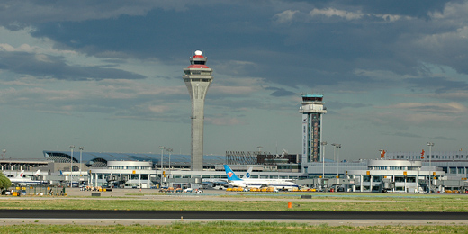 
The new (taller) and old - and now demolished - (lower) air traffic control towers, Terminal 1 (front) and Terminal 2 (the blue structure behind Terminal 1)