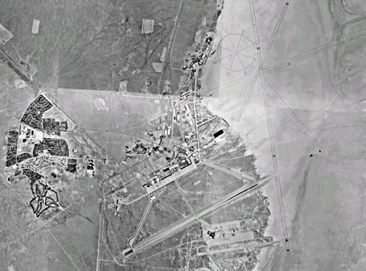 
This aerial photo of the main base shows its runways extending out over the hard dry lake of Rogers Lake
