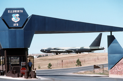 
Ellsworth AFB Main Gate with a B-52D on static display in the background, c.1988.