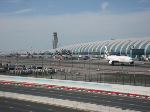Emirates aircraft parked at Terminal 3. The Terminal opened its doors on 14 October 2008, overtaking Beijing Capital International Airport's Terminal 3 as the largest terminal in the world