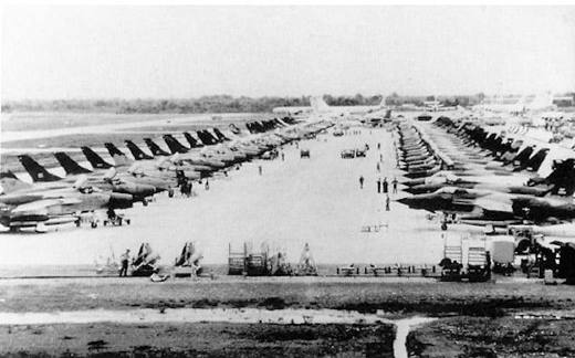 
Approximatley 50 F-105Ds on the flightline at Korat, 1 July 1968. KC-135s from U-Tapao are parked in the background.